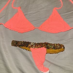 Handmade Hooters Orange Gold Sequin Thong Bikini